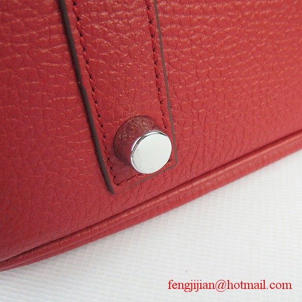 Hermes 35cm Embossed Veins Leather Bag Red 6089 Silver Hardware